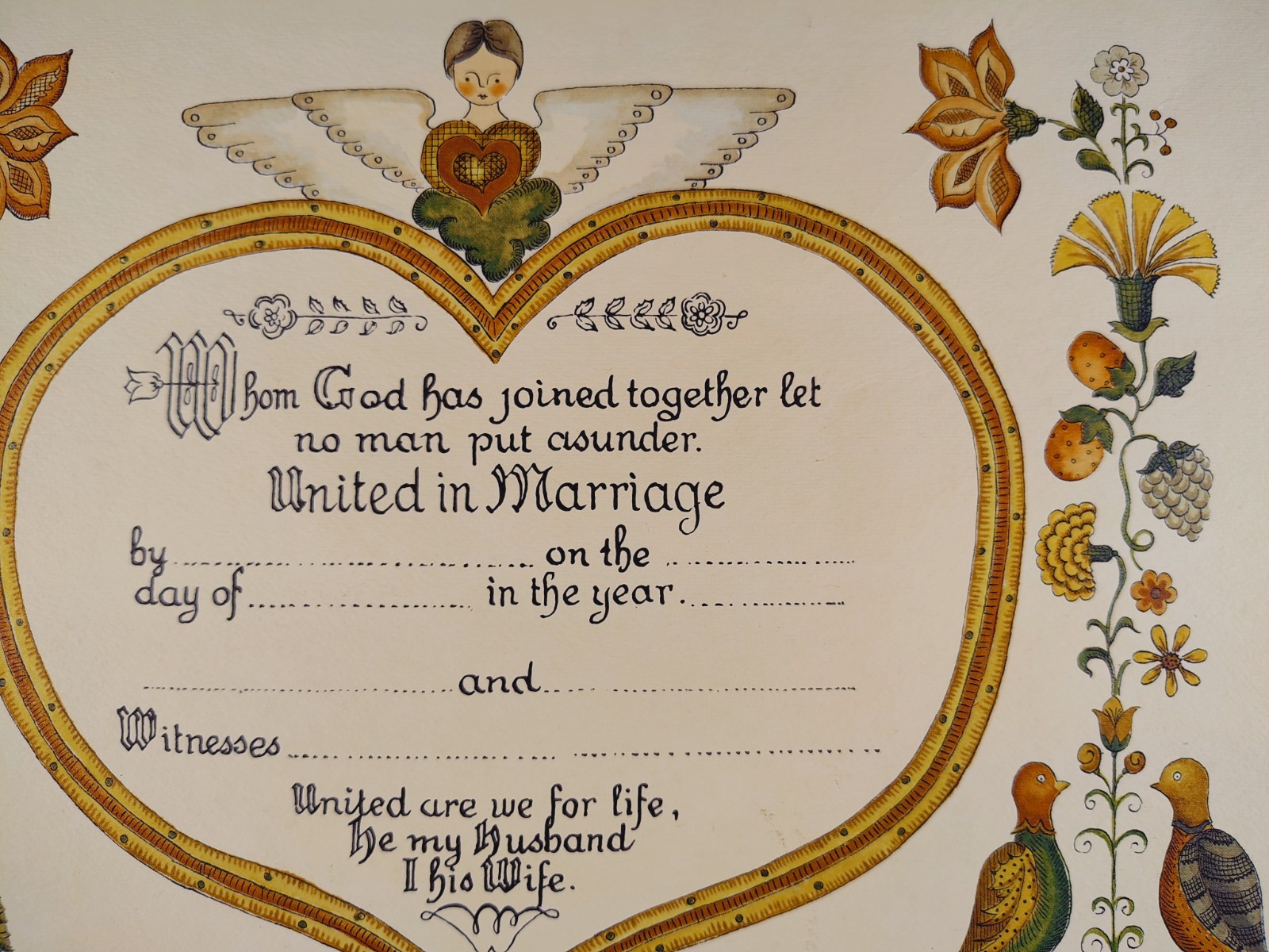 Vintage Primitive Folk Art Marriage Certificate Angel Birds Heart BLANK NEW