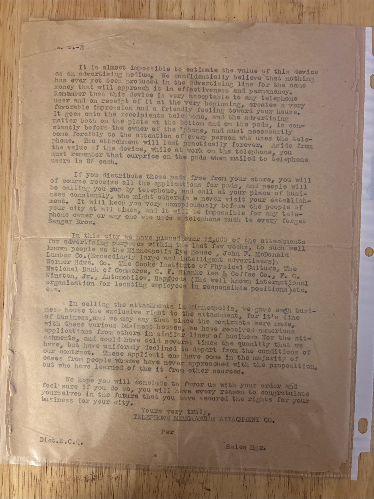 Antique letter Telephone Memorandum Attachment Co. Minneapolis, Minnesota 1906