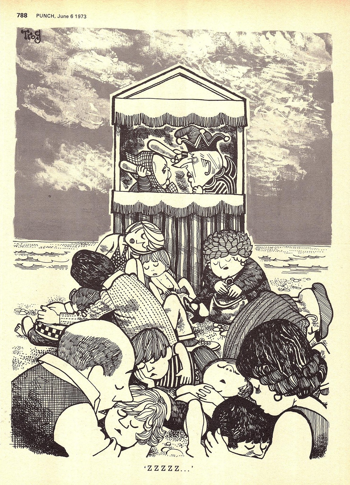Original 1973 Punch TROG Cartoon Print HEATH & WILSON ‘Boring Punch & Judy Show’