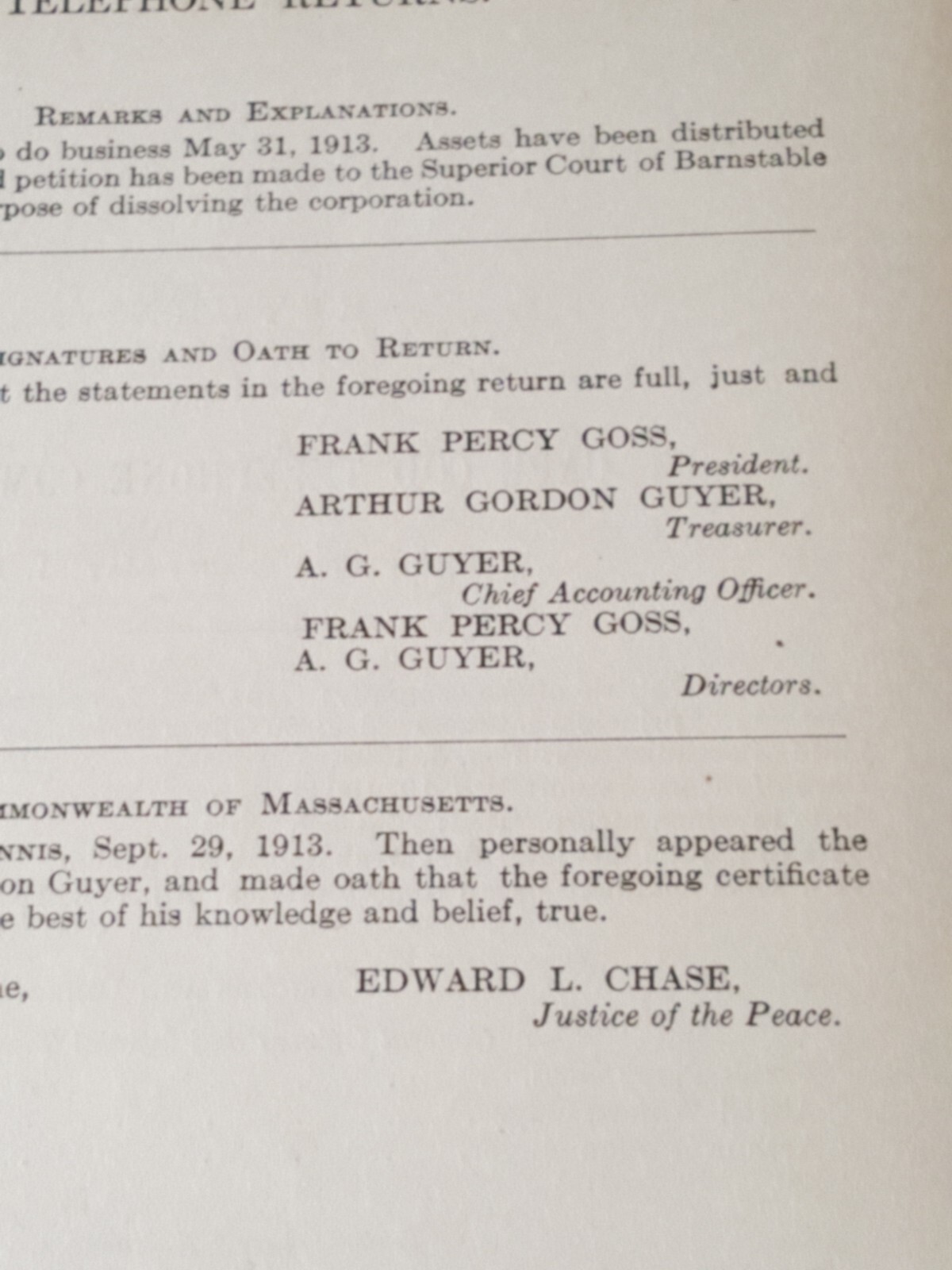 1913 report CAPE COD TELEPHONE COMPANY Massachusetts Frank Percy Goss A. Guyer