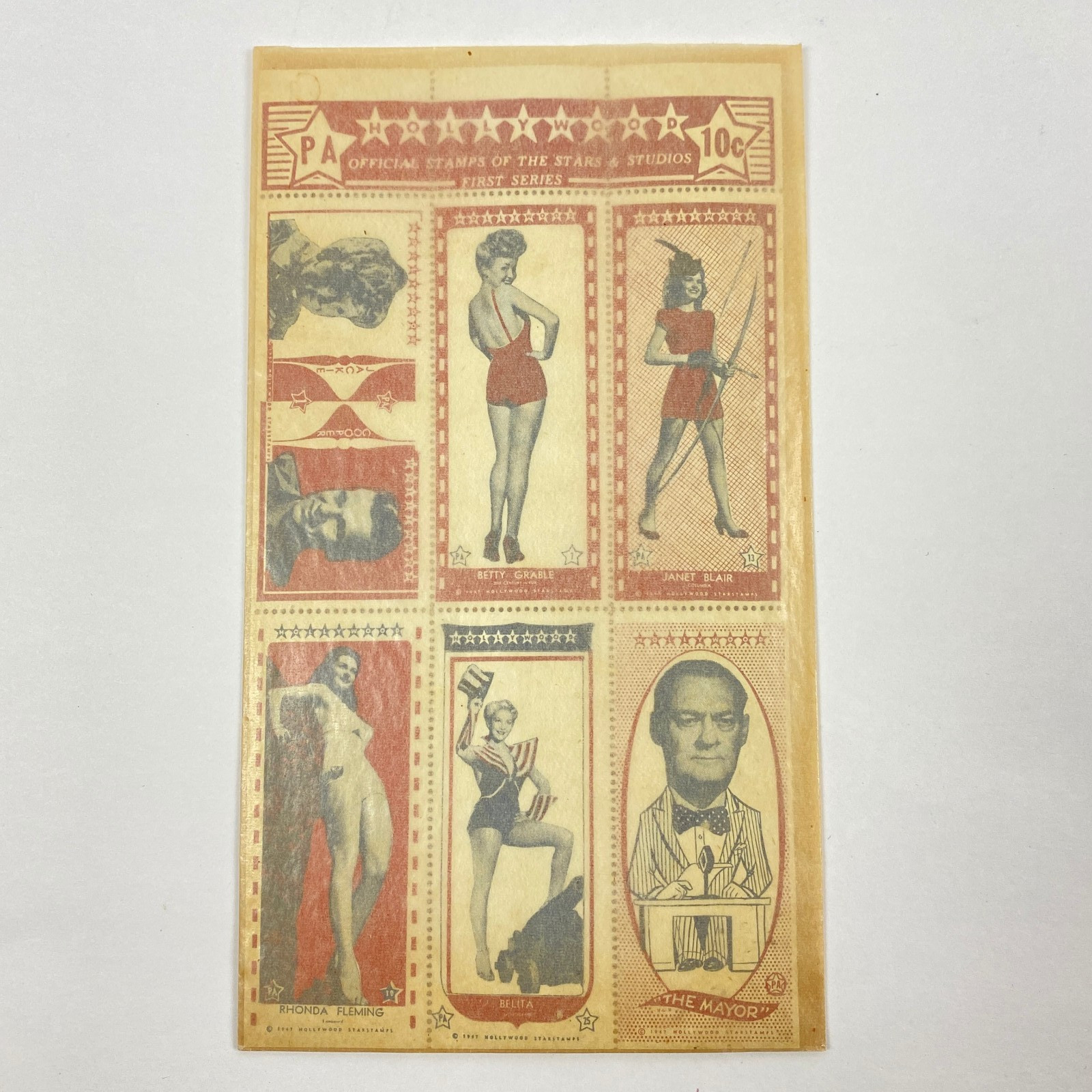 1947 Hollywood Starstamps Sheet Betty Grable Rhonda Fleming Janet Blair VTG