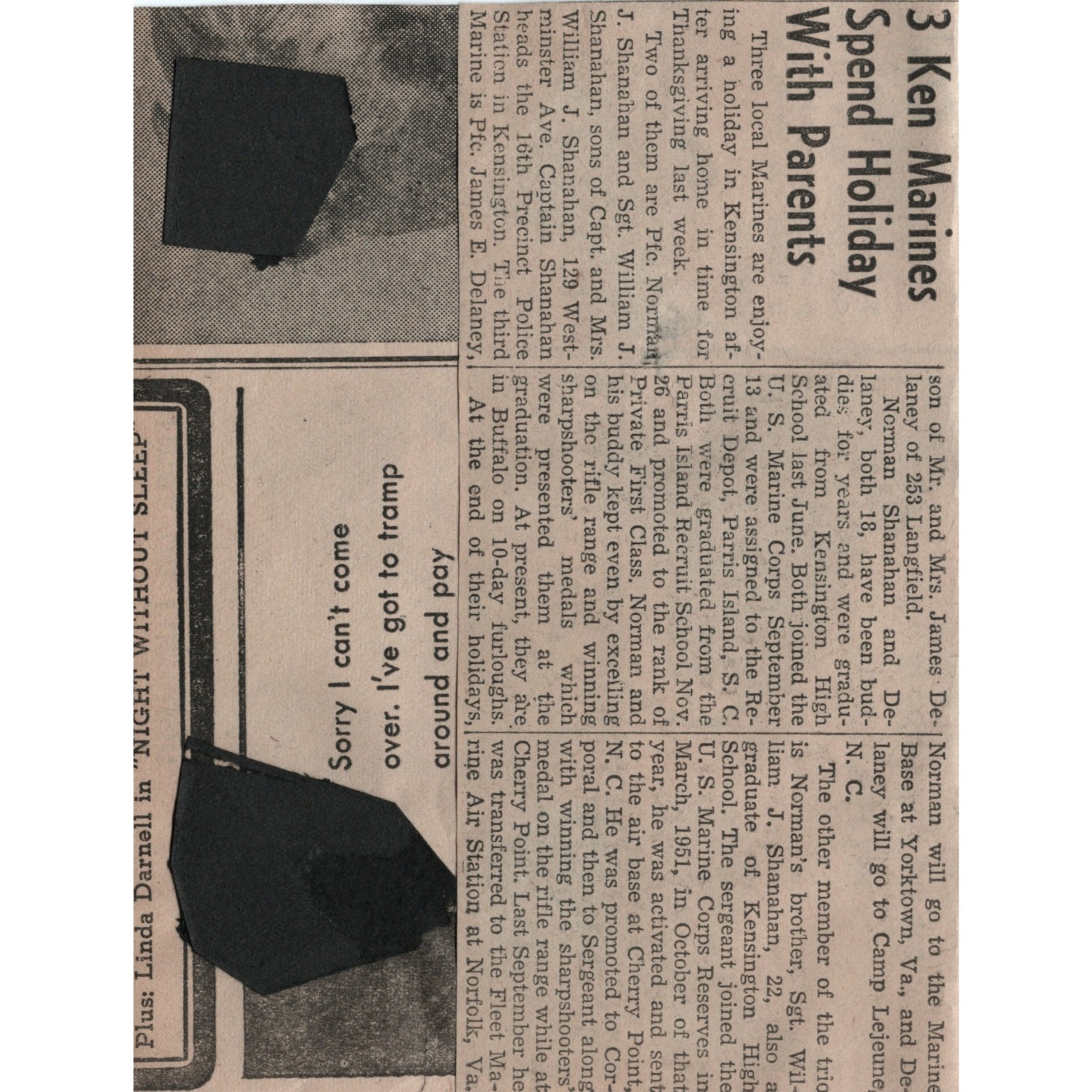 Furlough Marines 1950s Newspaper Photo James Delaney Norman William Shanahan VTG