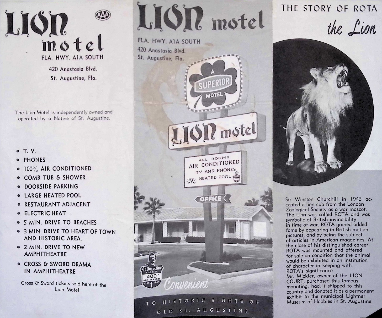 Lion Motel Brochure w/ Map AAA Endorsed c1950s Roadside Americana 1950s