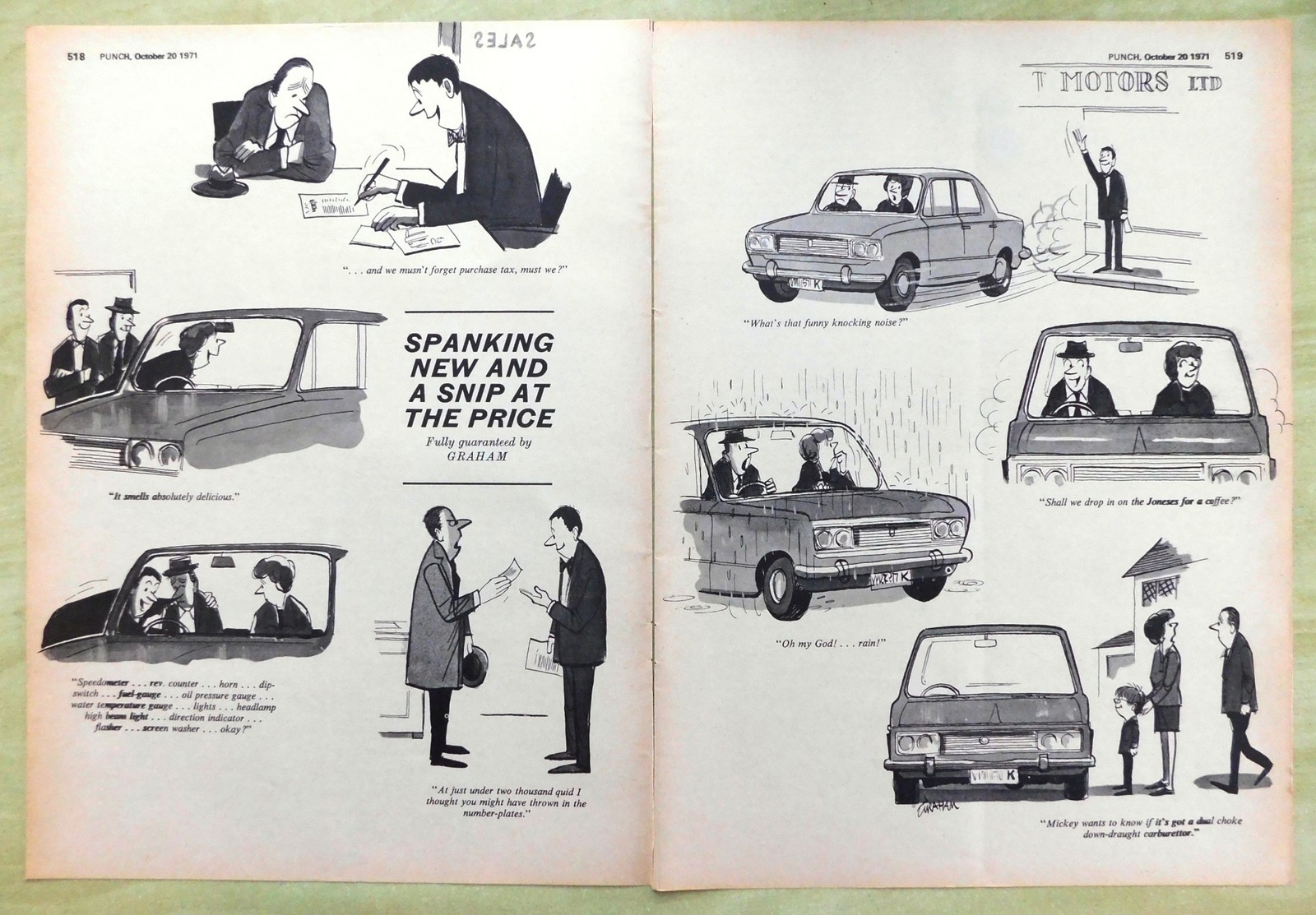 1971 Punch Cartoon “Spanking New & a Snip at the Price” 2-page Print by GRAHAM