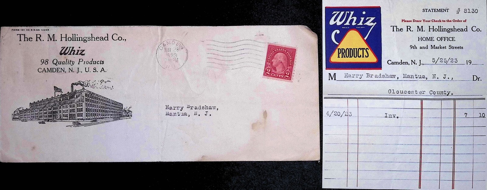 1923 R.M. Hollingshead Co. Business Mail Envelope & Statement Camden NJ
