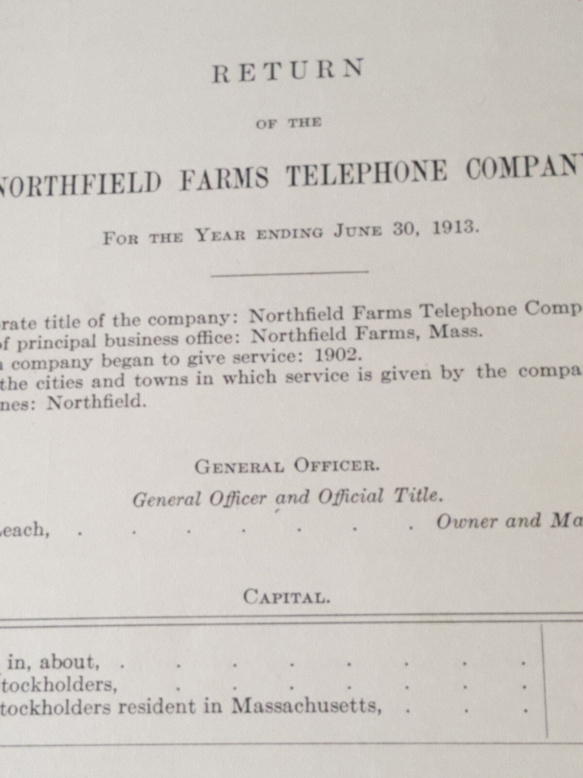 1913 report NORTHFIELD FARMS TELEPHONE COMPANY Massachusetts Franklin County