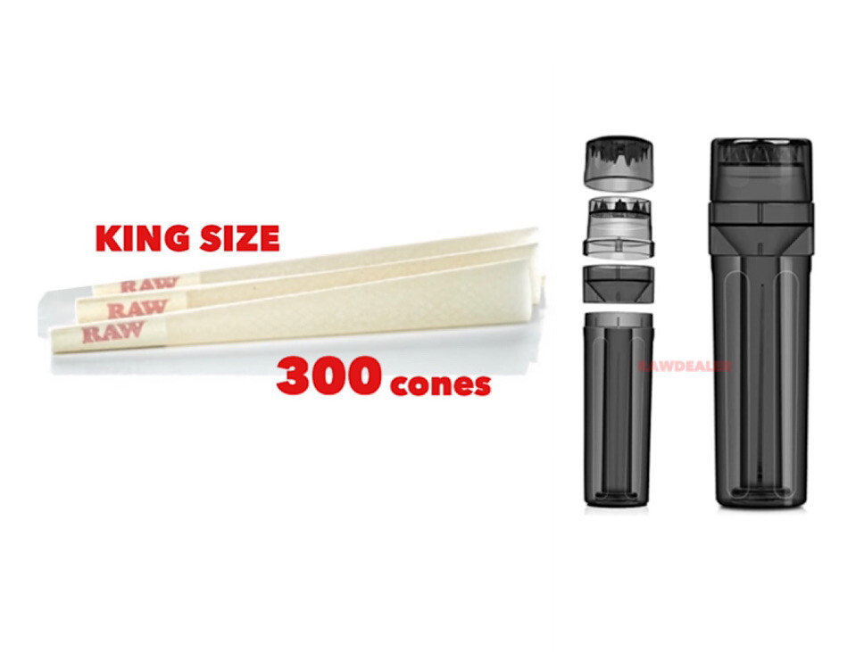 RAW organic king size cone(300PK)+cone grinder filler storage 3in 1
