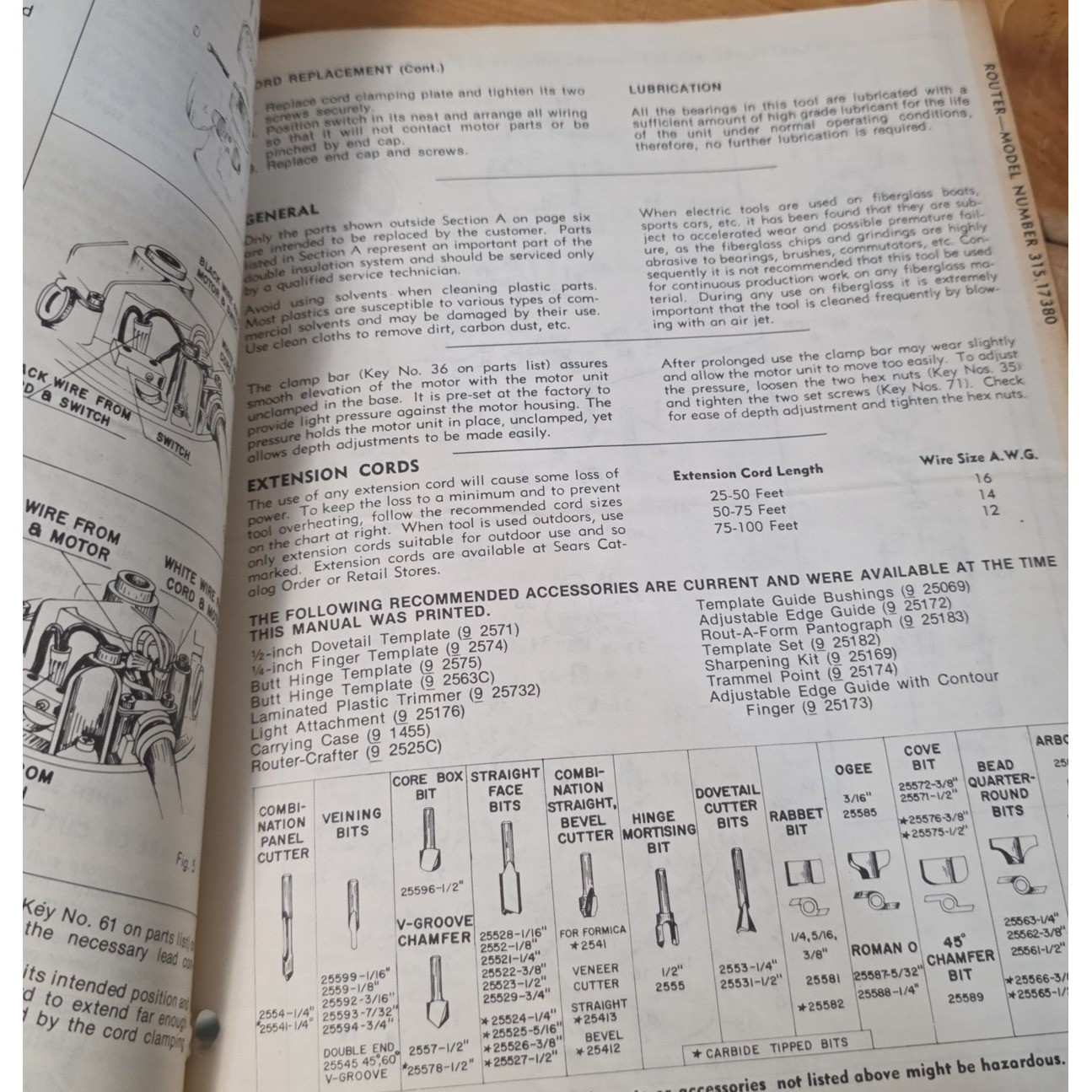 Vintage Sears Craftsman Router Owners Manual Model 315.17380 Double Insulated