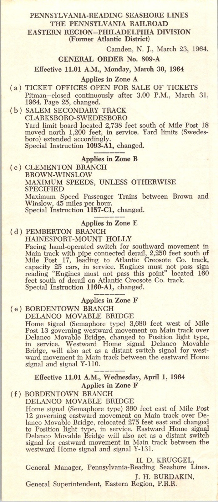 Pennsylvania-Reading Seashore Lines 1964 General Order 809-A Railroad