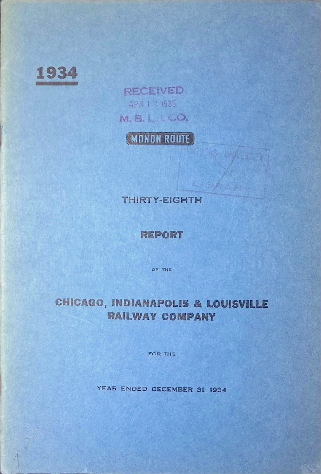 1934 Monon Route Railway Annual Report Freight Tonnage Table Depression-Era