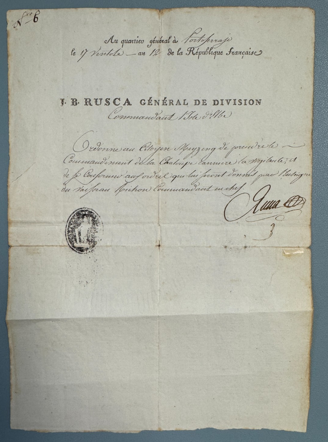 General Rusca Autograph Letter Commandant of Elbe Island Under Napoleon An 12