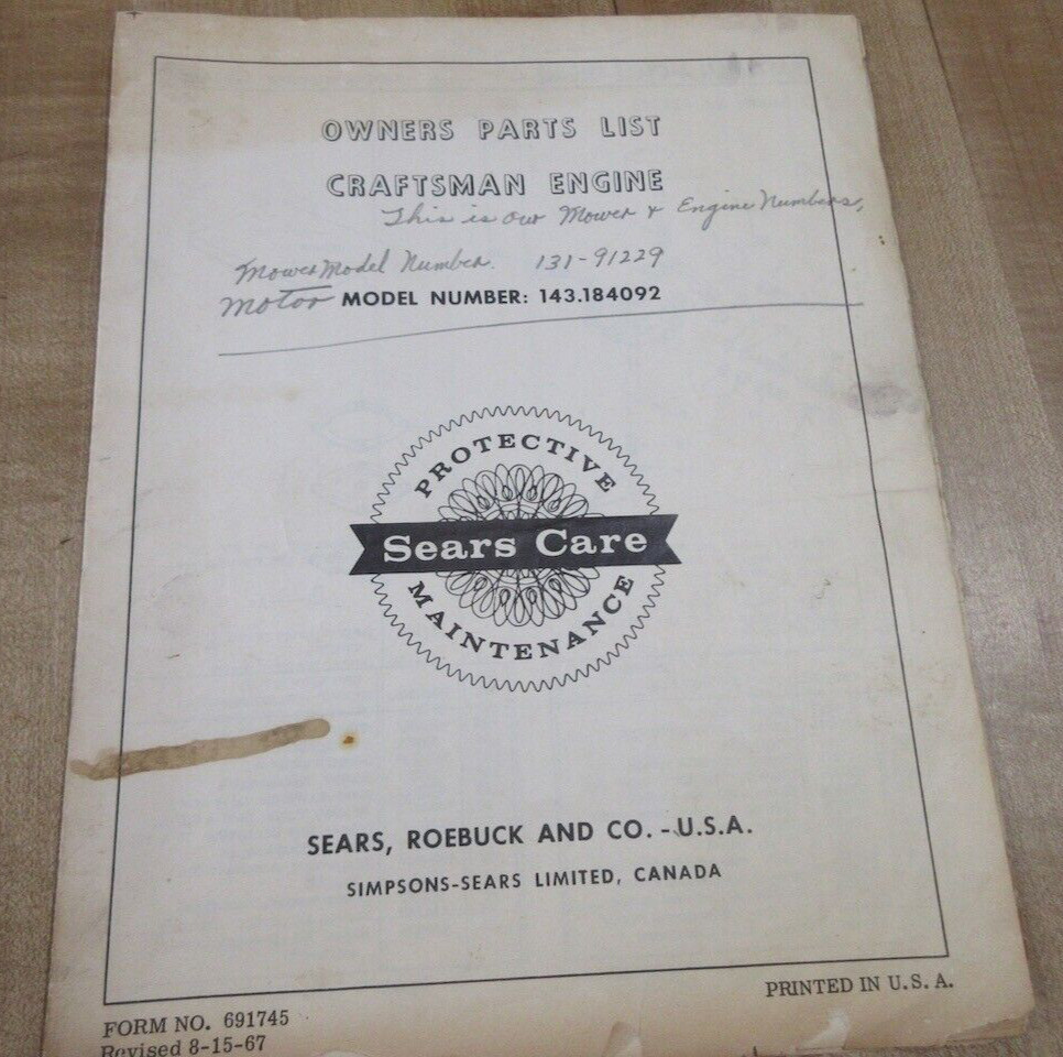 1967 Owners Part List Sears Roebuck Craftsman Engine (b)