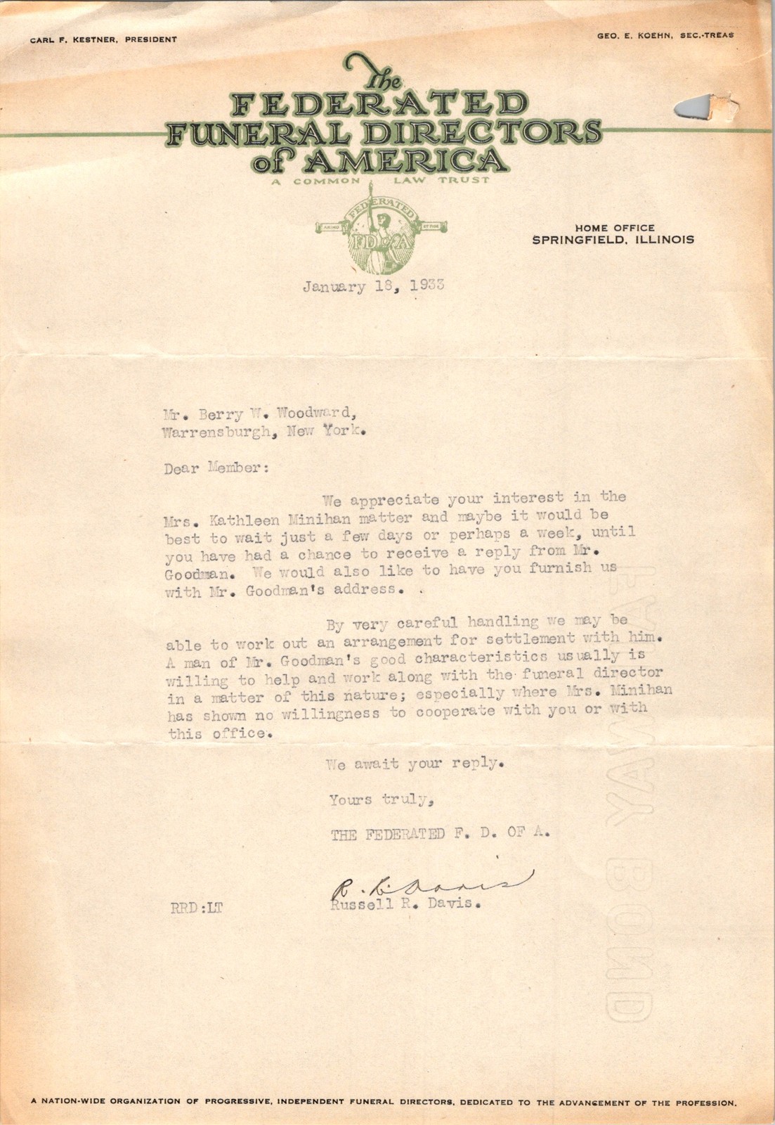 Federated Funeral Directors 1933 Letter Kestner Springfield IL