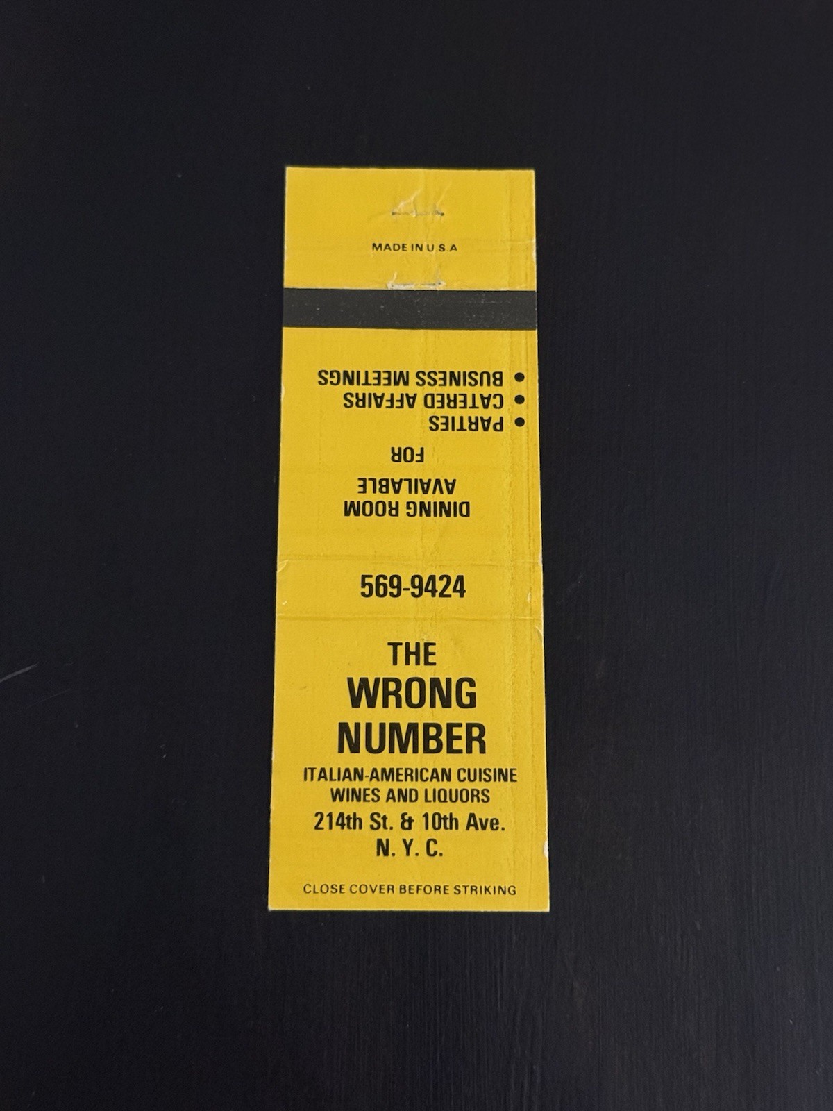 The Wrong Number Restaurant In New York City Vintage Matchbook Cover 105