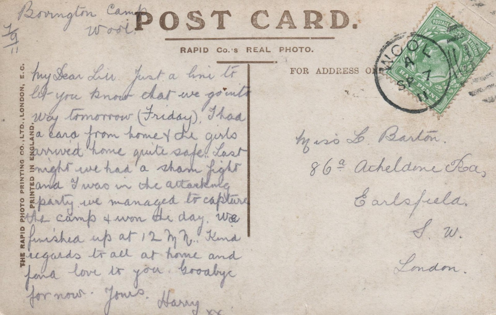 1911 Pre WWI Message Military Camp Bovington From a Giddy at Weymouth POSTCARD