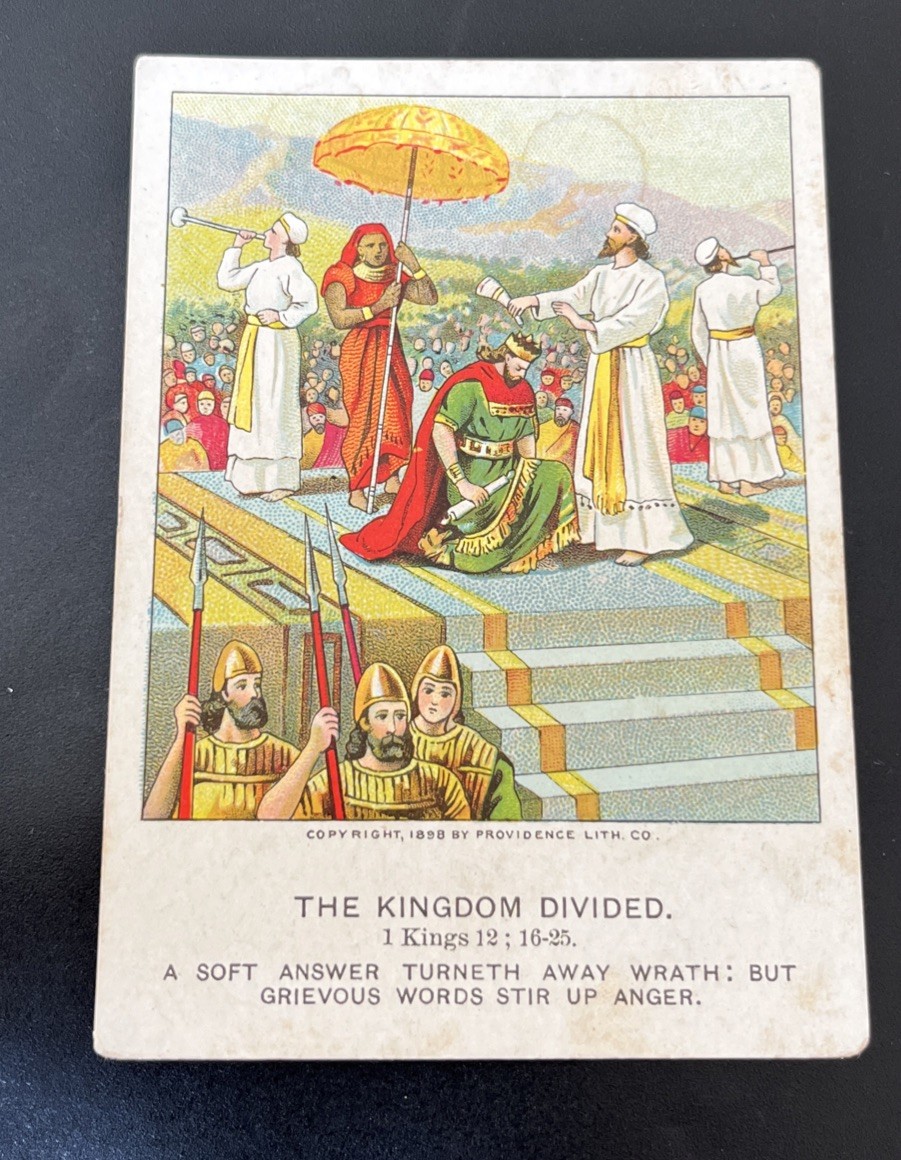 Antique 1898 Little People’s Lesson Pictures Card The Kingdom Divided Kings