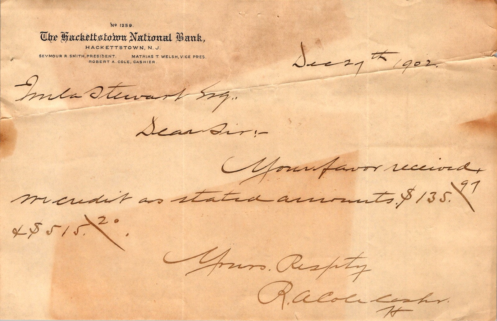 1902 The Hackettstown National Bank NJ Bank Correspondence Letter Ephemera