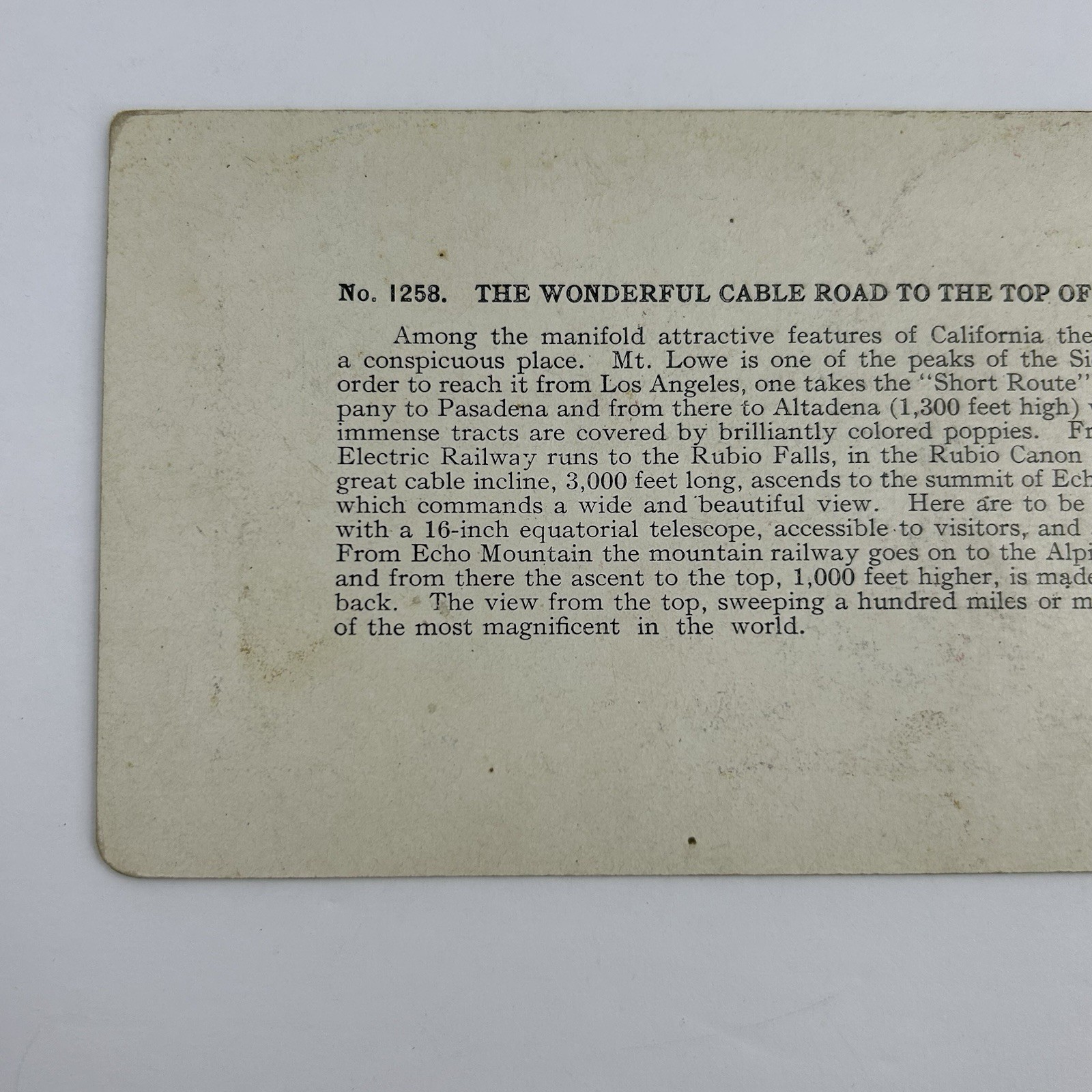 Antique Mt Lowe Incline Railway California Color Lithograph Stereoview Card L-1
