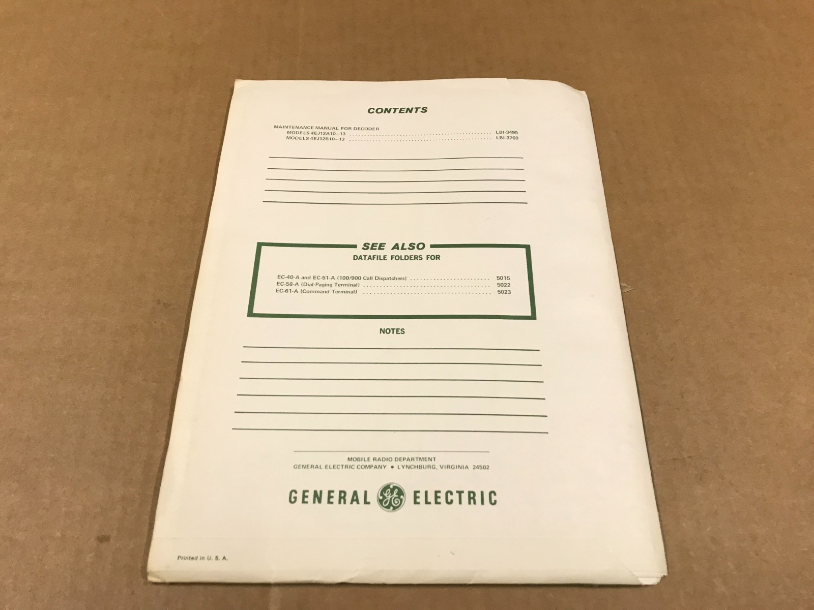 Vintage GE Datafile- Tone Decoder Models Type 99 EJ-12-A&B – Folder #5021