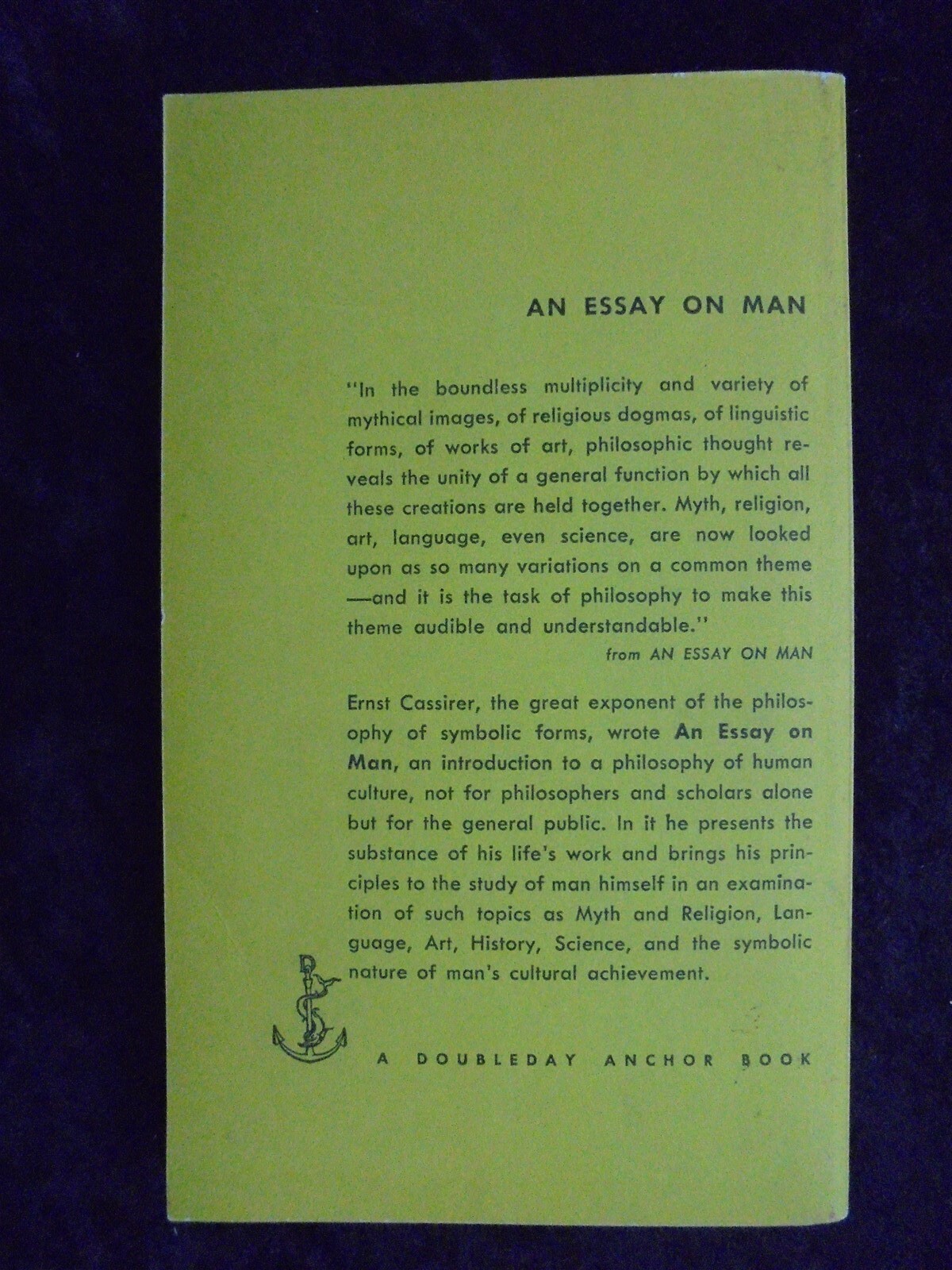 AN ESSAY ON MAN ERNST CASSIRER COLLECTIBLE DOUBLEDAY NON FICTION NOVEL