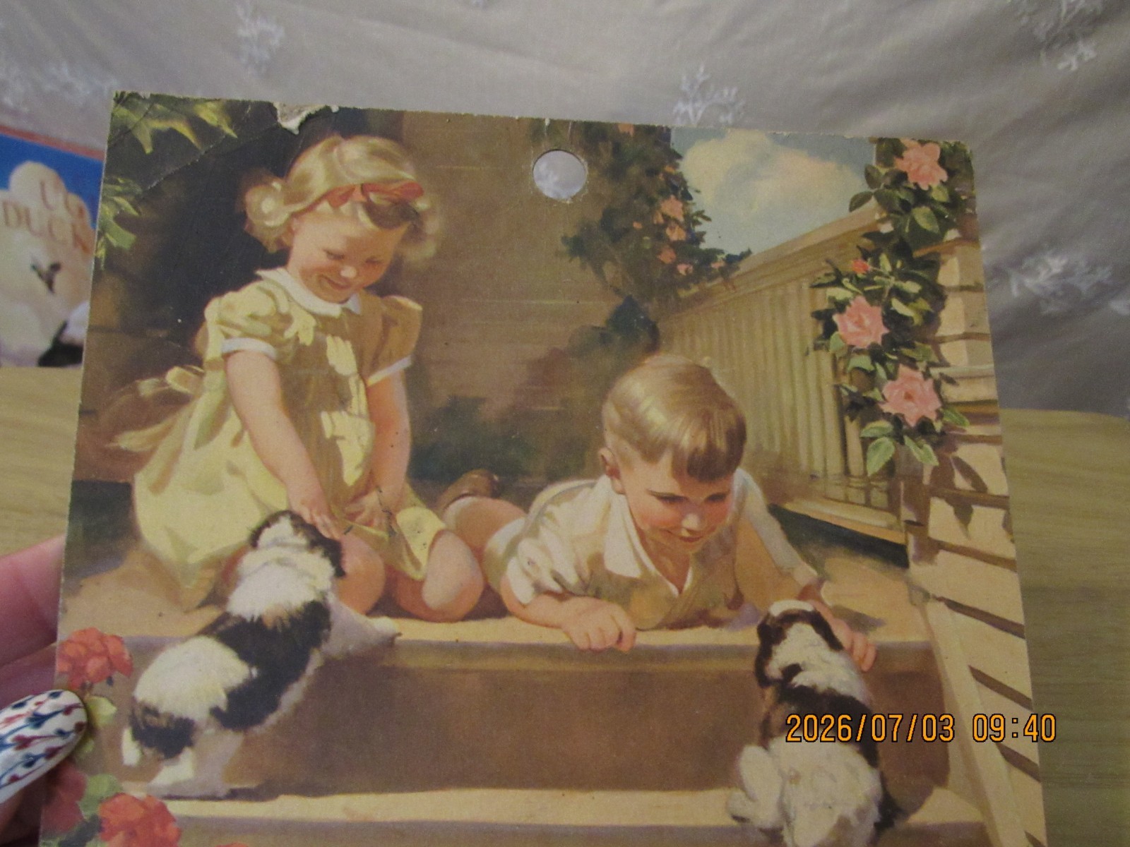 VTG Lithograph Jewel Tea Co Boy & Girl Sitting on Stairs with Puppies