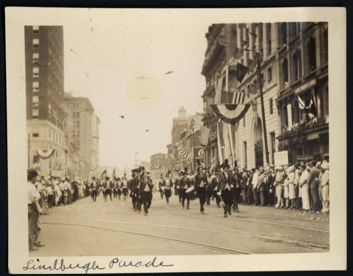 Marching band in Lindbergh Parade snapshot 1927 unknown city