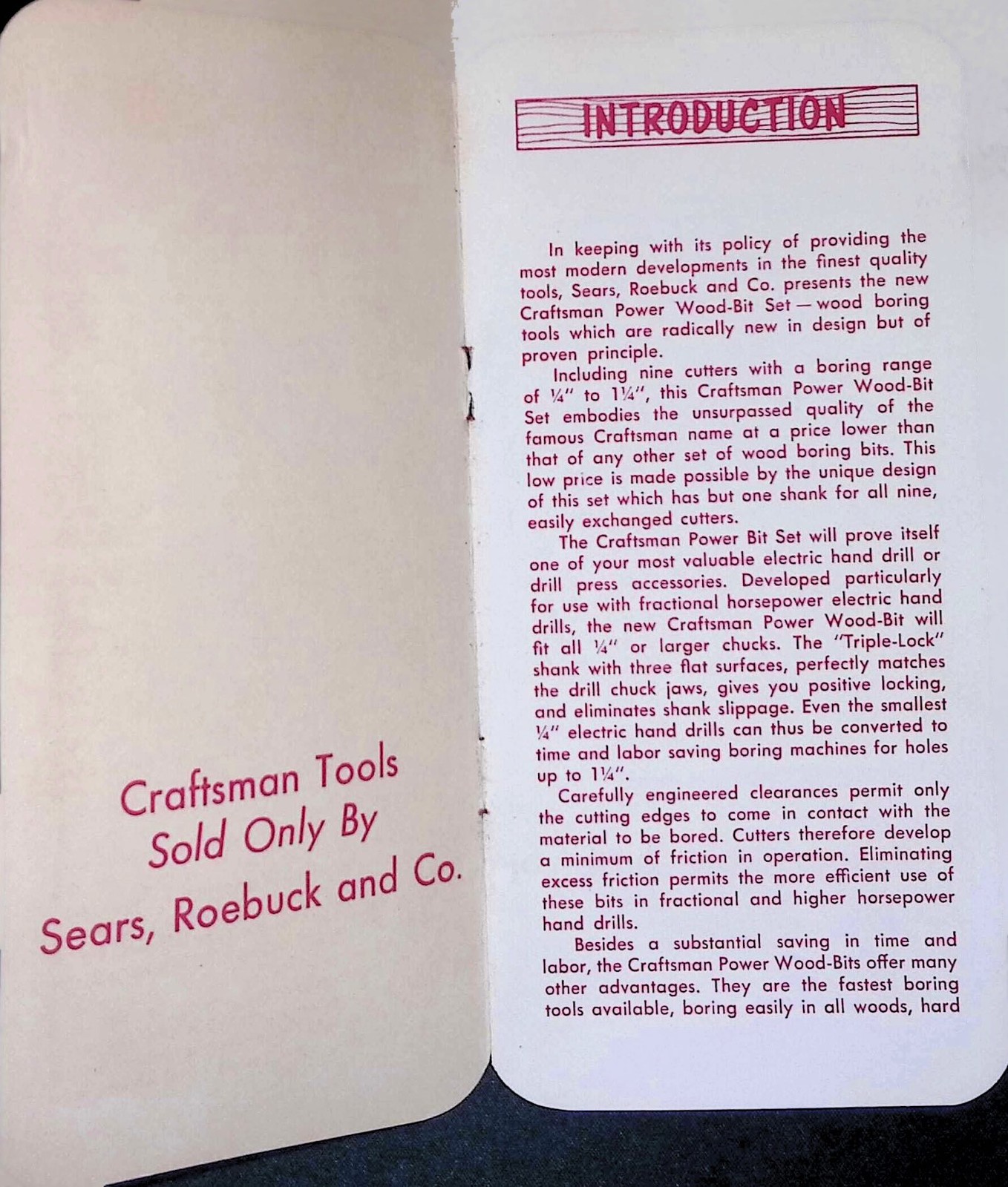 CRAFTSMAN 10pc Power Wood Boring-Bit Set Pamphlet Sears Roebuck 1950s Guide