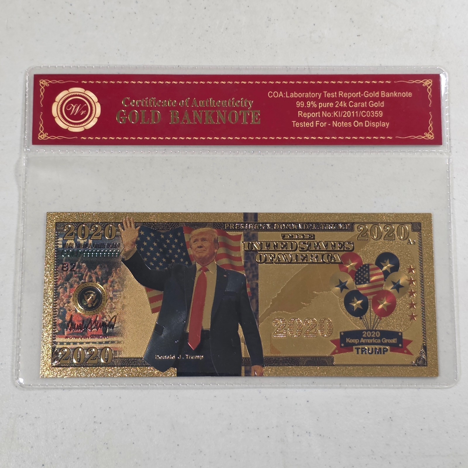24K Gold Plated Collectible Trump 2020 Dollar Bill + Certificate Of Authenticity