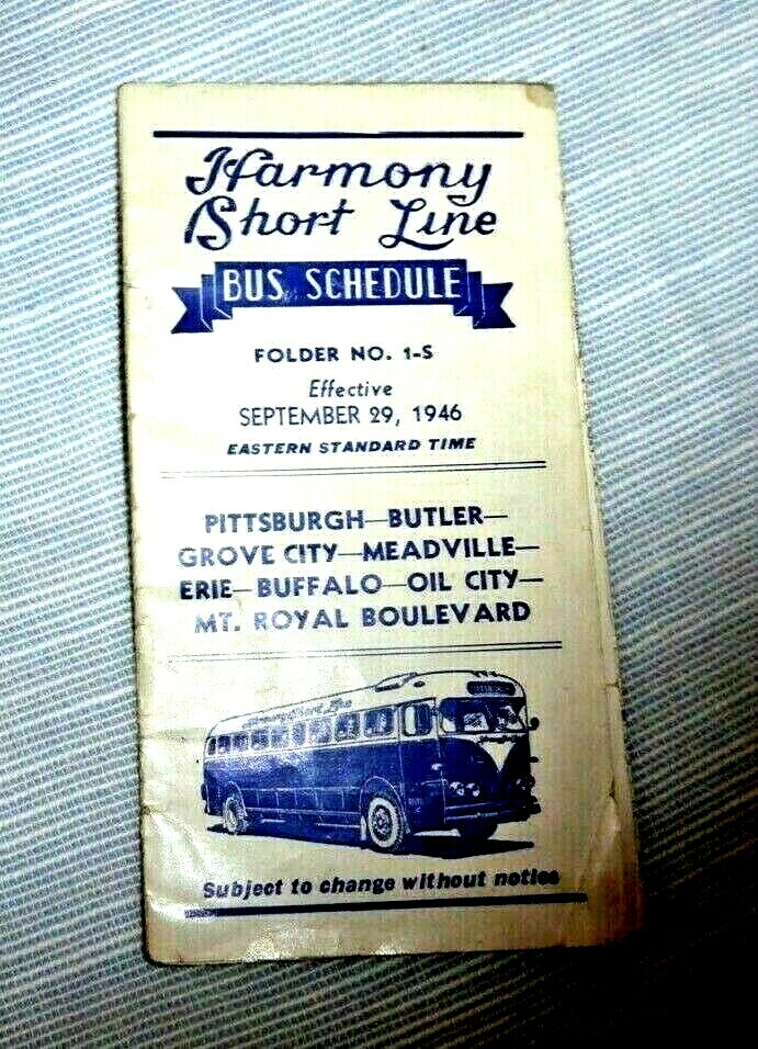 VINTAGE BUS TIMETABLE HARMONY SHORT LINE PITTSBURGH BUFFALO OIL CITY ERIE 1946