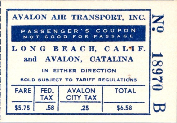 1940s Avalon Air Transport Passenger Coupon Catalina Island Long Beach Route
