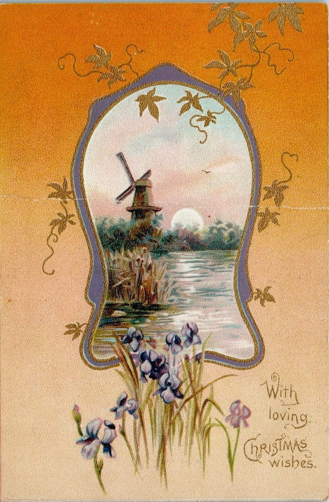 1905 Raphael Tuck & Son Artistic Series Christmas Wishes Iris Windmill Sunset