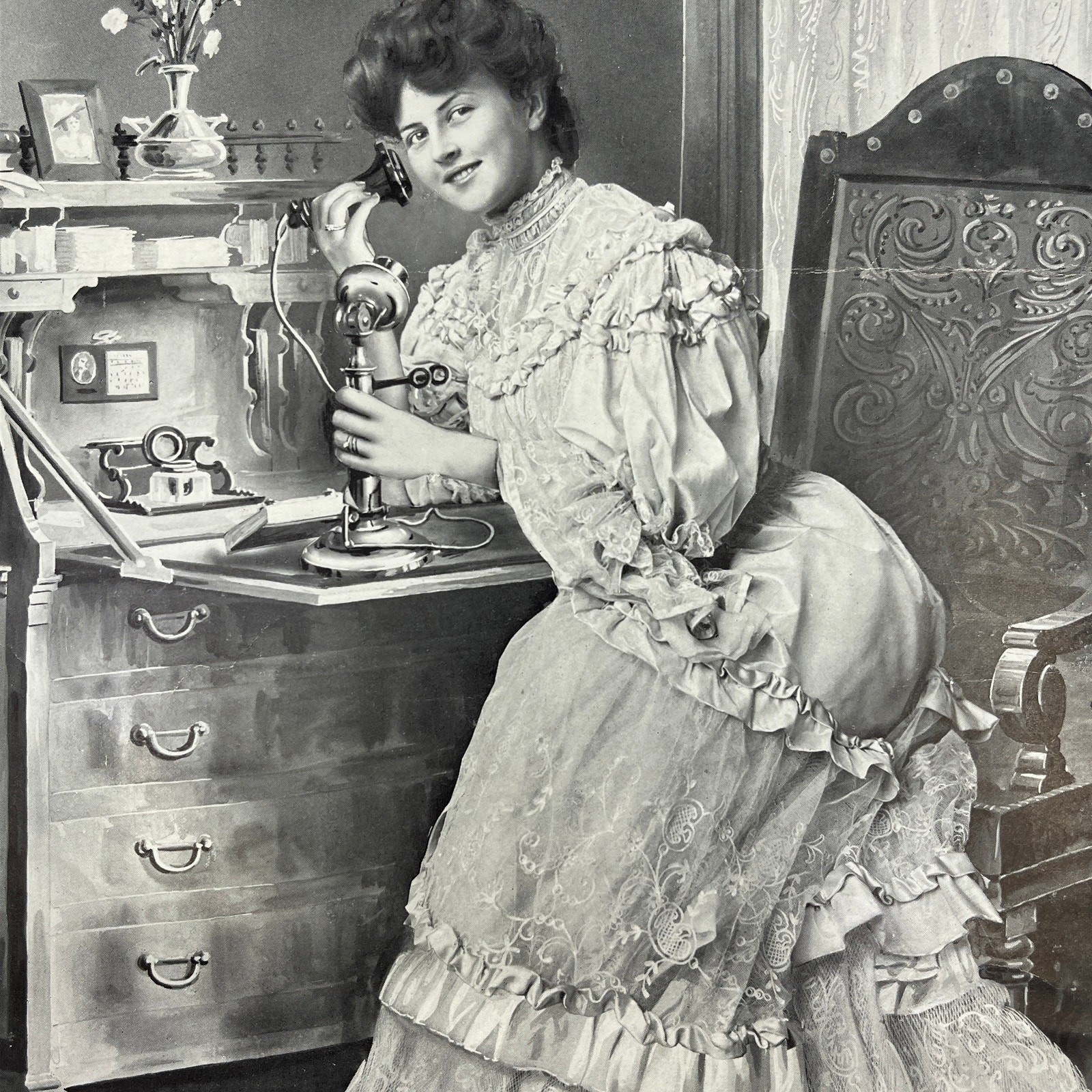 1908 Photo Print Victorian Lady Using Candlestick Phone F.A. Schneider ~9×11 FL5
