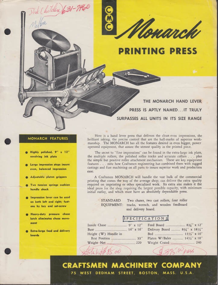 Craftsman Machinery Monarch Printing Press sell sheet c 1950s