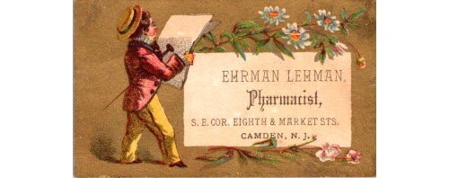 Ehrman Lehman Pharmacist Business Card Camden NJ 1900s Era NJ Pharmacy Ad