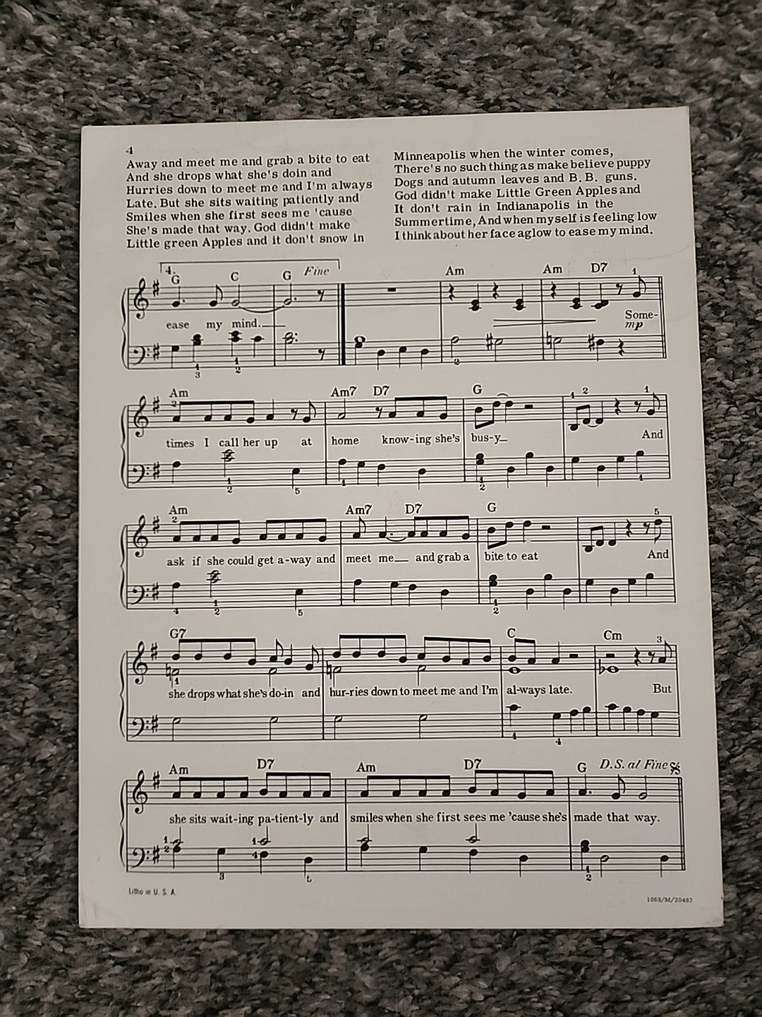 1968 Little Green Apples Sheet Music for Piano Roger Miller