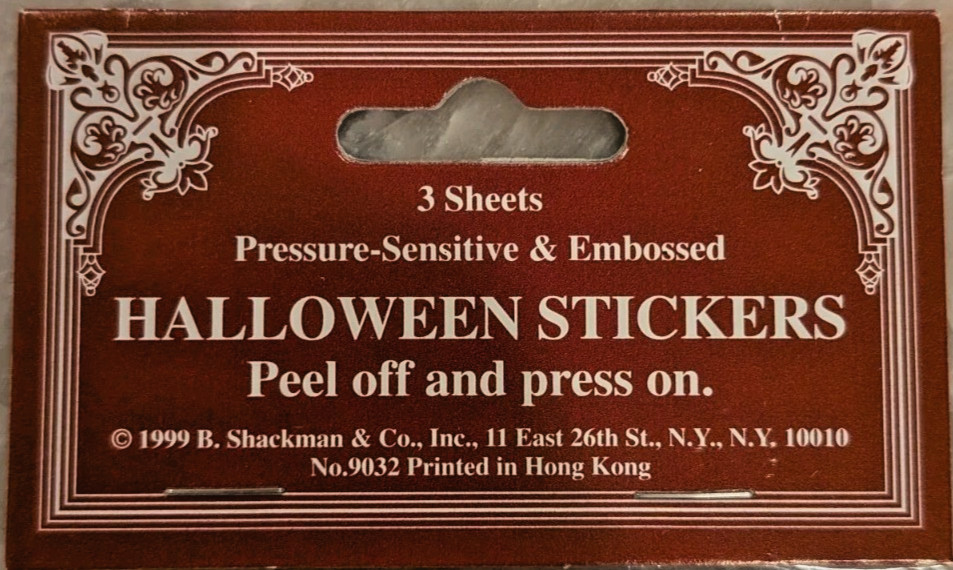 Vintage Halloween Stickers, Shackman & Co, Peel Off -Press On Unused  Retro 1999