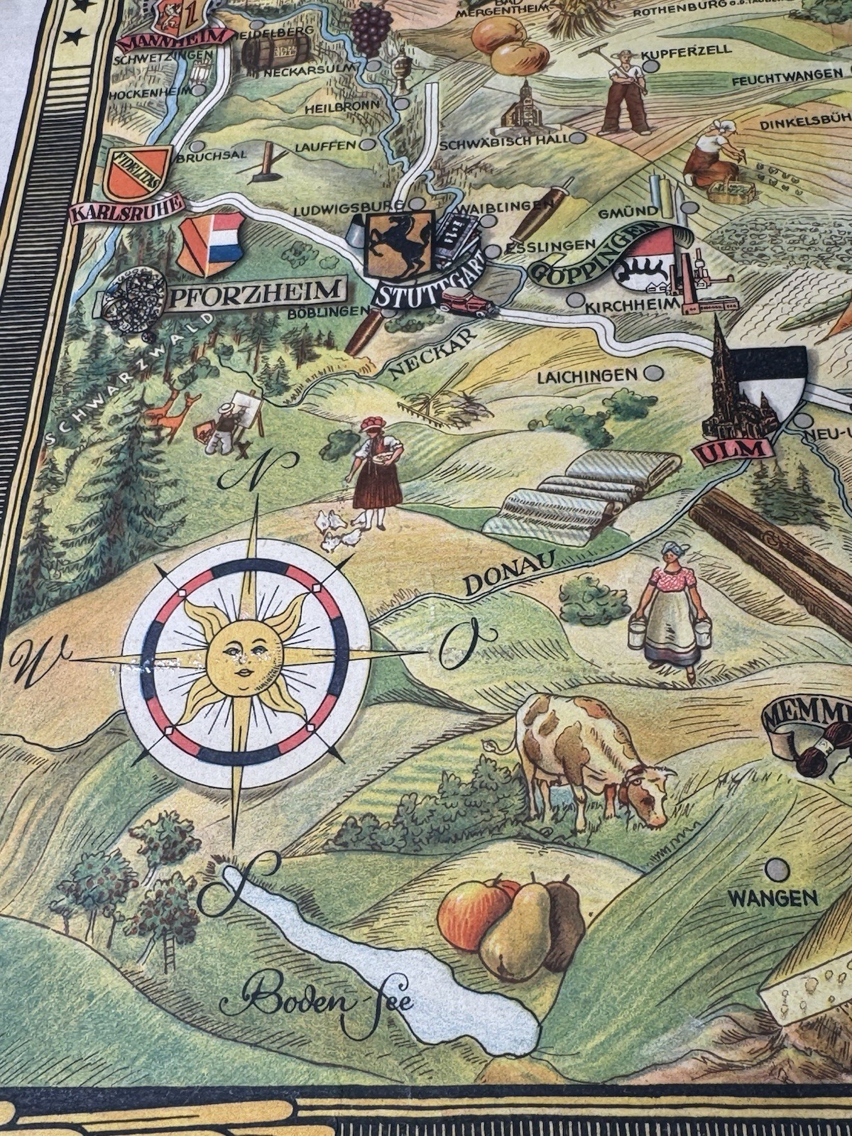 VINTAGE CARTOON MAP GERMANY US ZONE BAVARIA HESSE WURTEMBERG BADEN