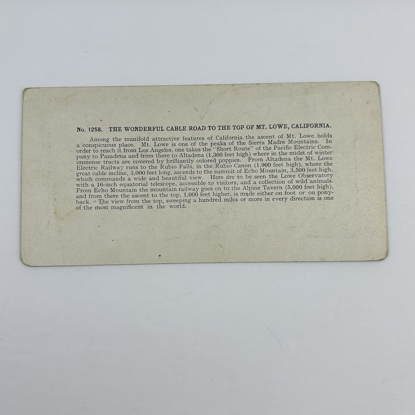Antique Mt Lowe Incline Railway California Color Lithograph Stereoview Card L-1