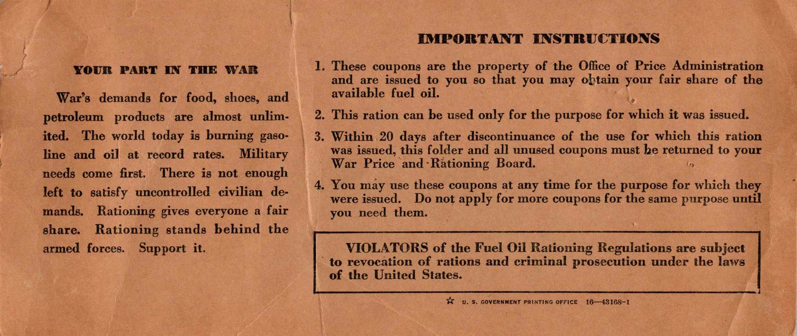 WWII OPA Fuel Oil Ration Folder R-1188 1940s Home Front U.S. Government