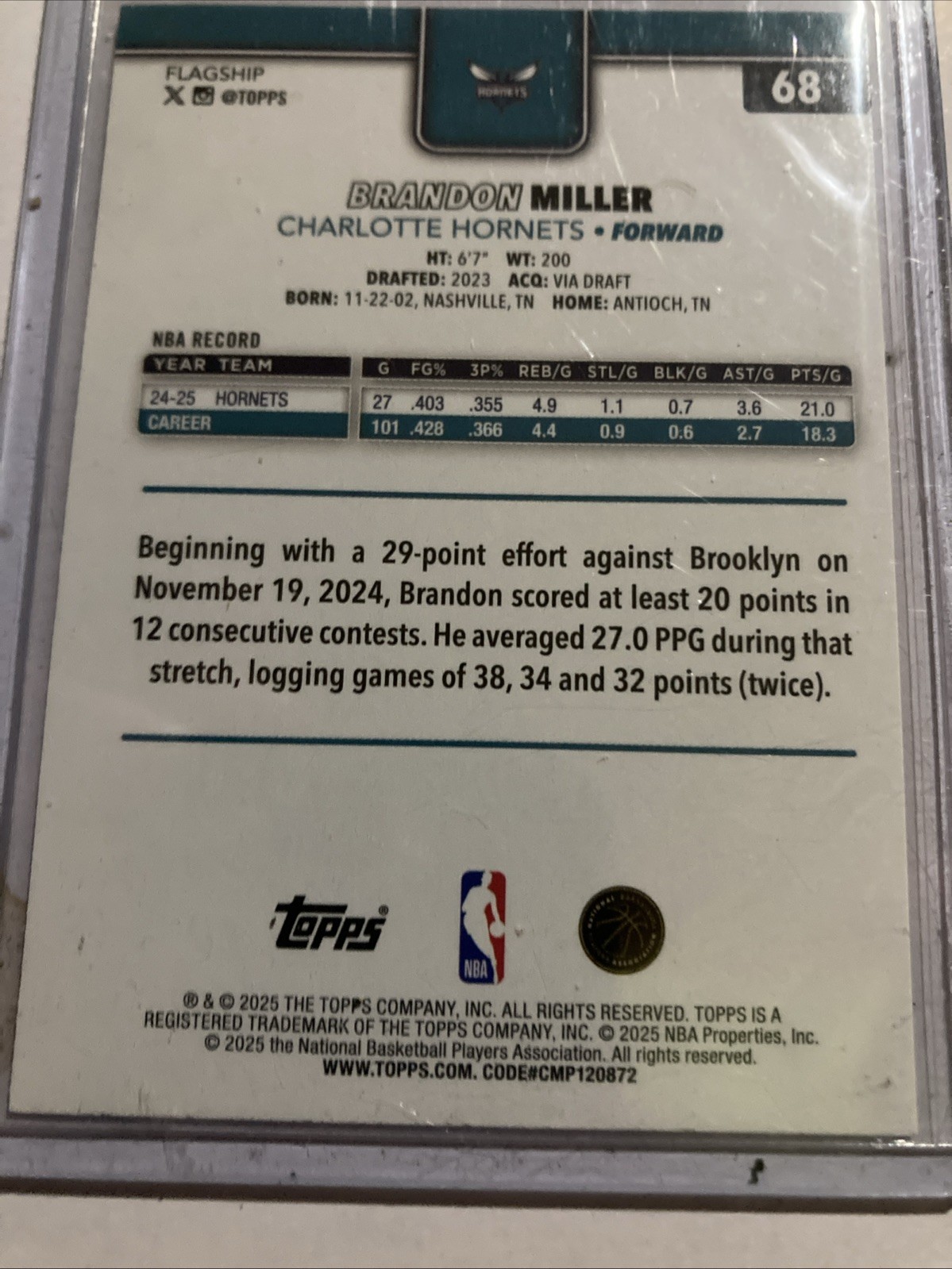 2025 Topps Flagship NBA Basketball No. 68 Brandon Miller Bronze 357/2025