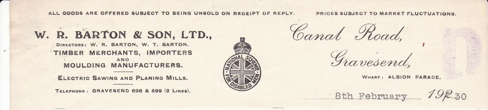 W.R. BARTON & SON,LTD. Gravesend 1930 Timber Mercs&Manf.CUT LETTER HEAD Rf 48961