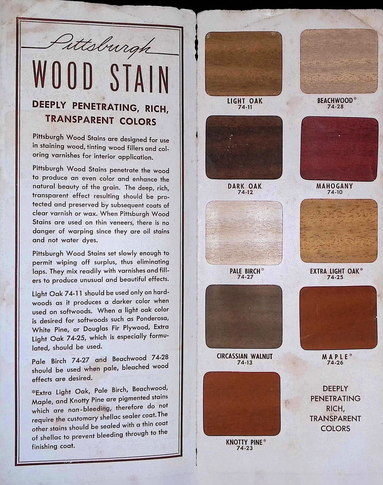 Pittsburgh Plate Glass Wood Stain Brochure Mid Century 1940s Color Swatches PPG