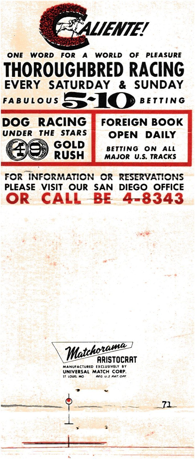 Caliente Old Mexico Dog/Horse Racing Bookie San Diego Office Matchbook Cover