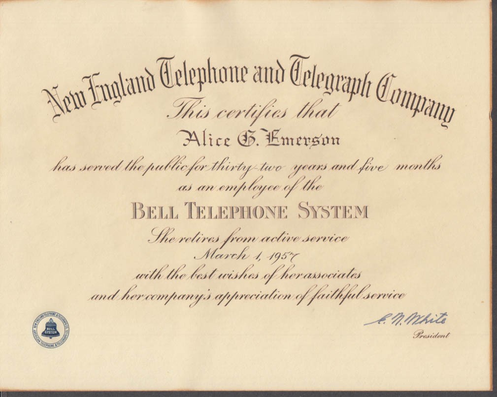 New England Telephone & Telegraph Bell System Retirement Certificate 1957