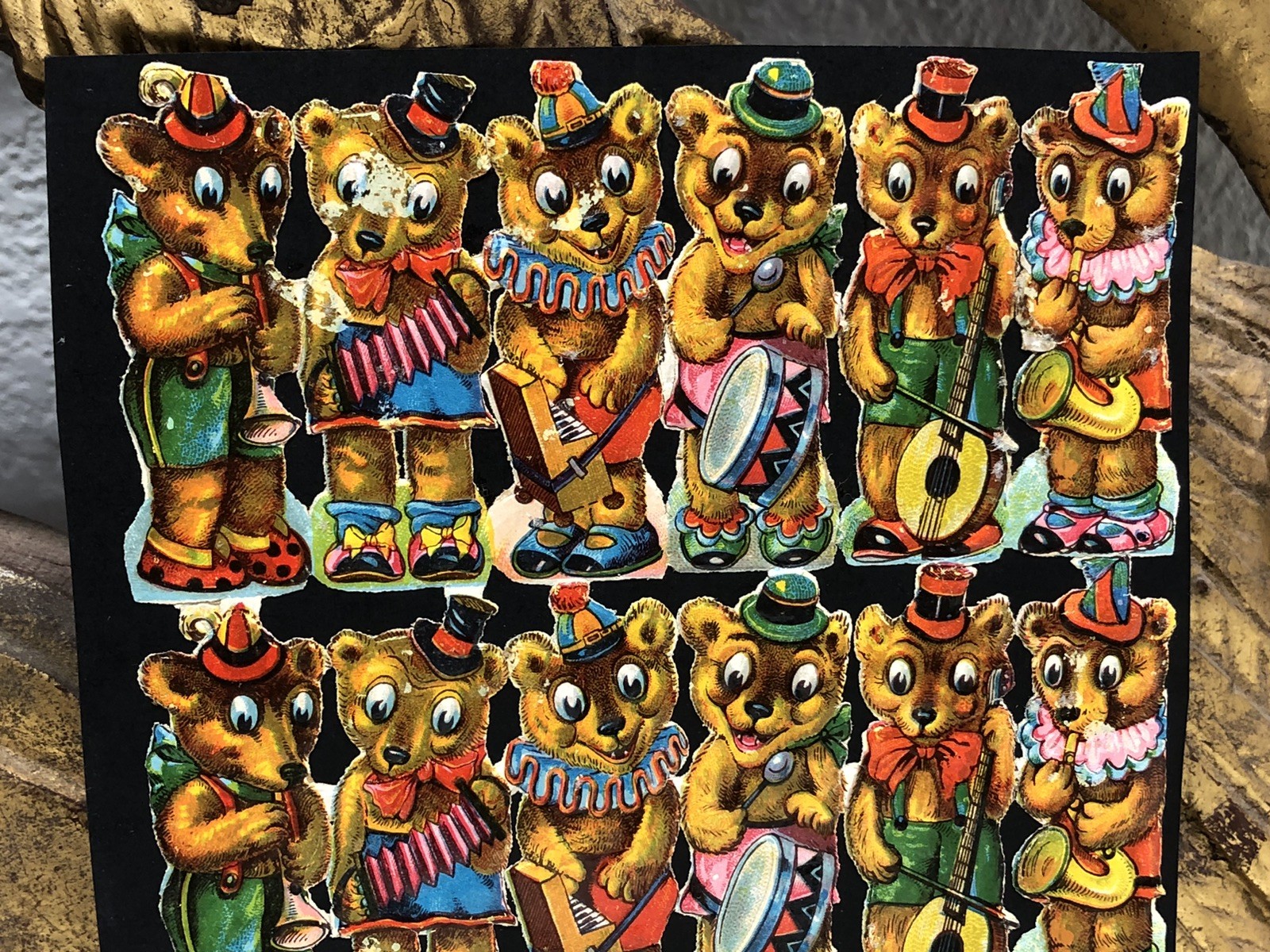 Young Bears Musician & Baby Chicks Die Cut Scraps Glued on Paper Double Sided L6
