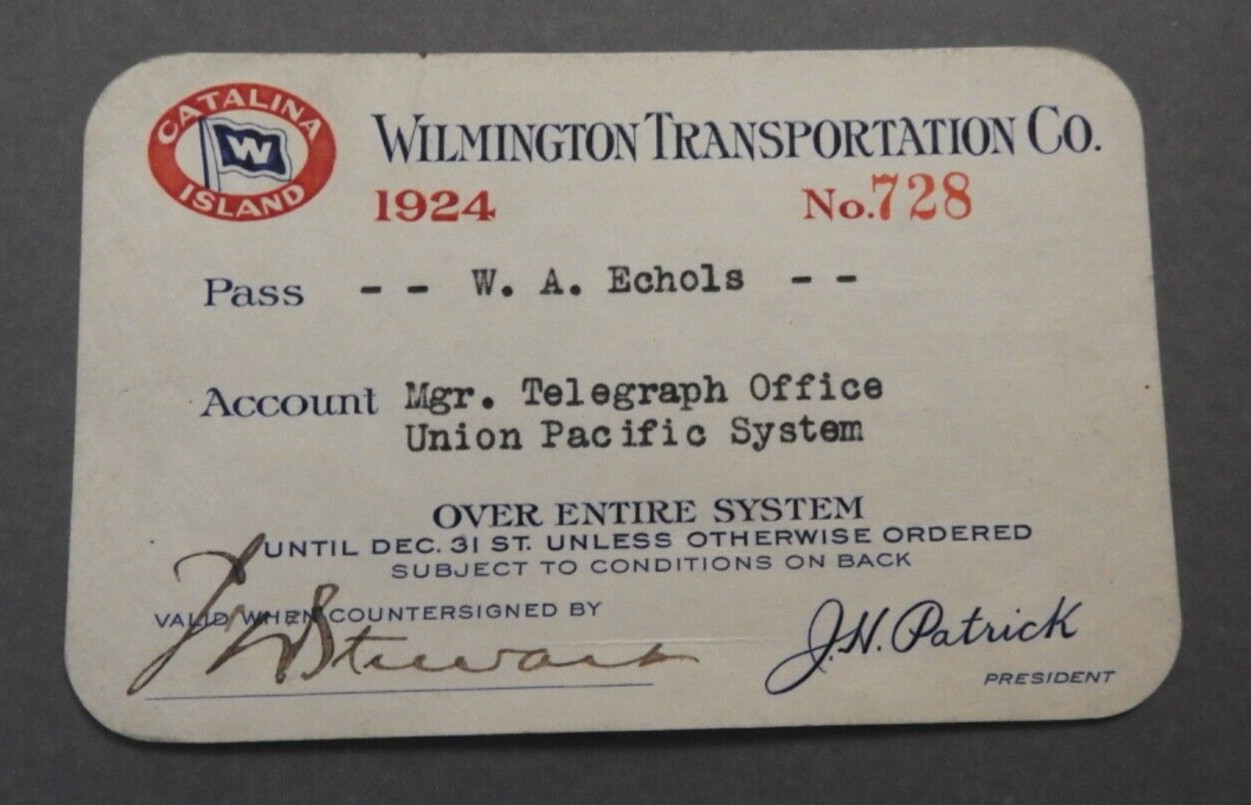 vintage 1924 Wilmington Transportation Co PASS railroadiana Catalina Island