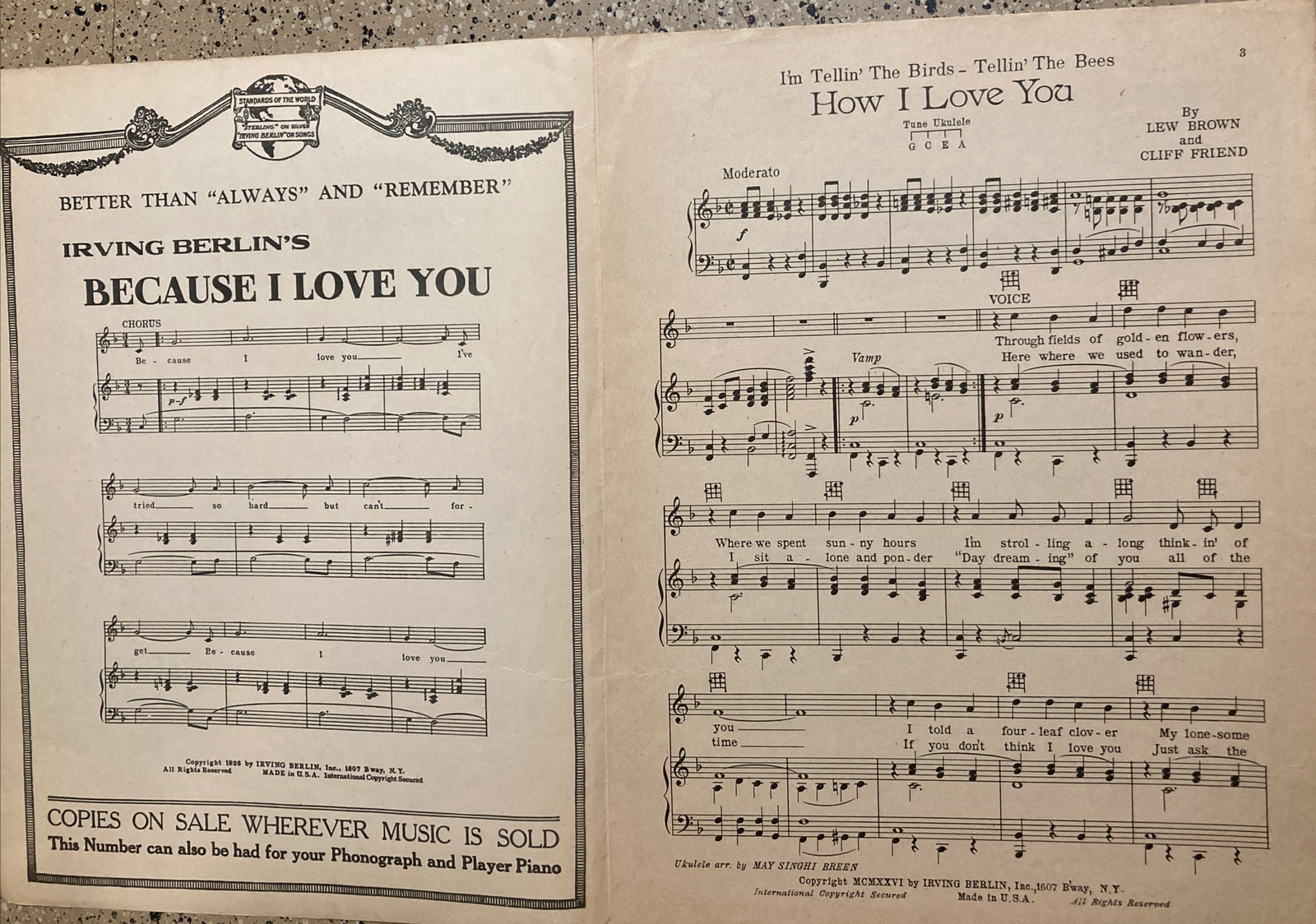 VINTAGE SHEET MUSIC 1926 I’M TELLIN TEH BIRDS BEES HOW I LOVE YOU CLIFF FRIEND