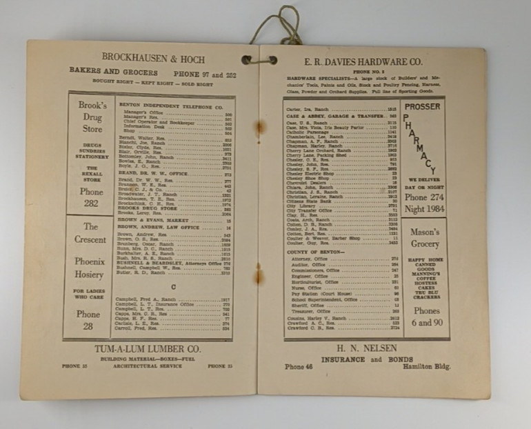 Telephone Directory Prosser Byron Paterson Washington October 1928 Vintage