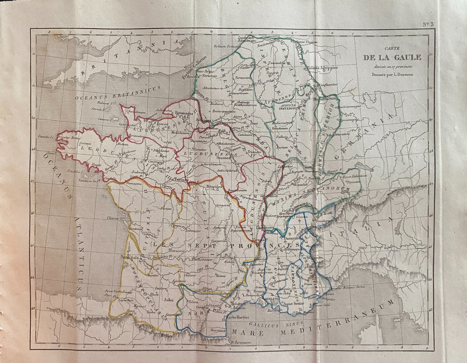 Engraving France 1840 “Map Of Gaul In 17 Provinces”