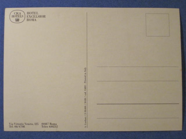 Excelsior Hotel Postcard – Roma,Italy (Approx. 4″ x 6″)